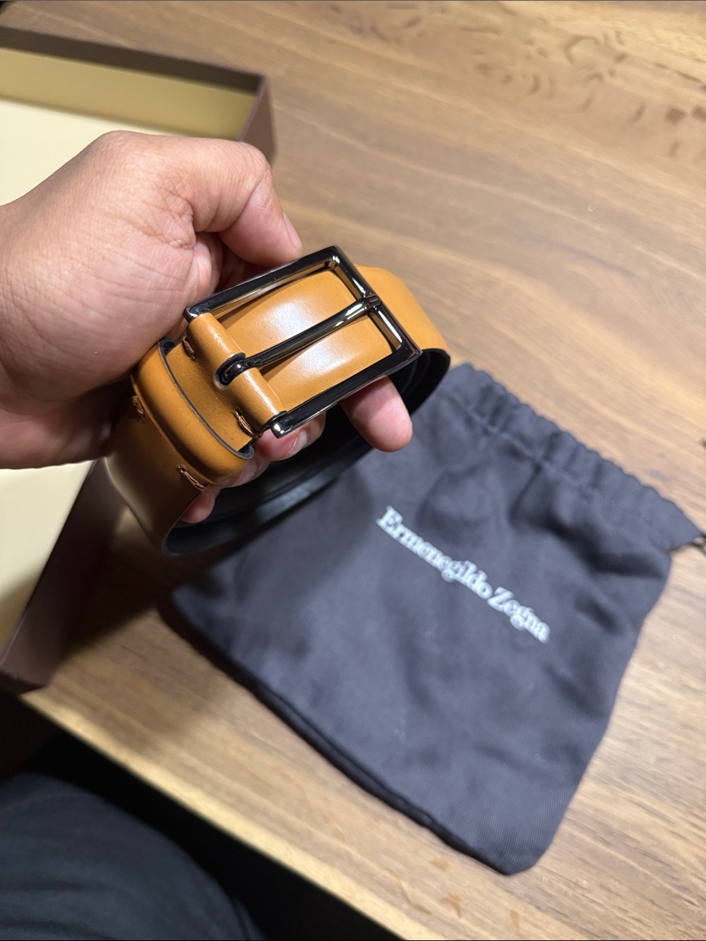 Ermenegildo Zegna Tan Leather Men's Belt with Dark Metal Buckle
